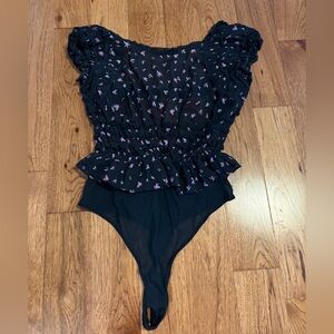 Elegant Black Floral Women's Sheer Open Back Bodyshuit